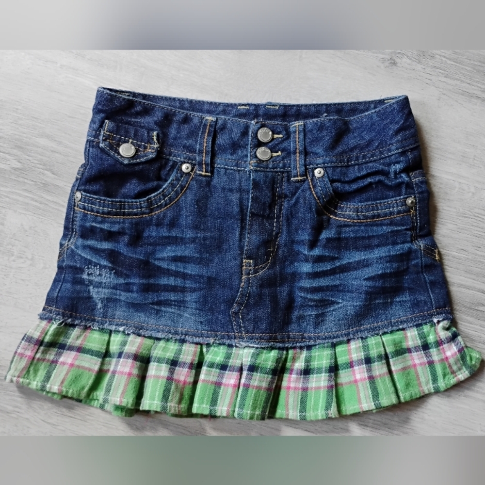 Girls Denim Skirt with Plaid Trim